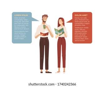 Young man and woman enjoying with books and cup of coffee together. Vector composition with smiling friends and speech bubbles in cartoon style. Coffee break and relaxing with book.