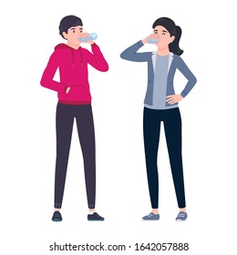 Young man and woman enjoying drinking water from a bottle and a glass. Male and female characters drinking water hydrating. Quench thirst. Vector illustration in cartoon flat style