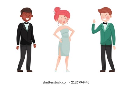 Junge Mann und Frau am Abend Kleid und Dinner Jacket Waving Hand Vektor Set