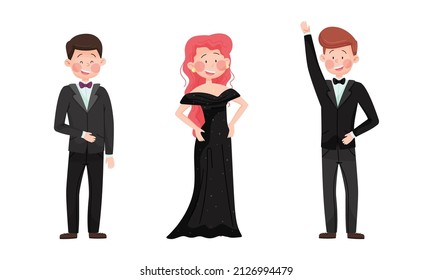 Young Man and Woman in Evening Dress and Dinner Jacket Waving Hand Vector Set