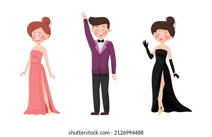 Junge Mann und Frau am Abend Kleid und Dinner Jacket Waving Hand Vektor Set