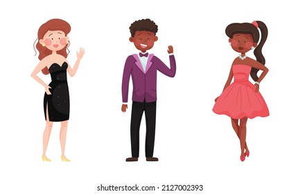 Young Man and Woman in Evening Dress and Dinner Jacket Waving Hand Vector Set