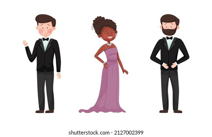 Junge Mann und Frau am Abend Kleid und Dinner Jacket Waving Hand Vektor Set