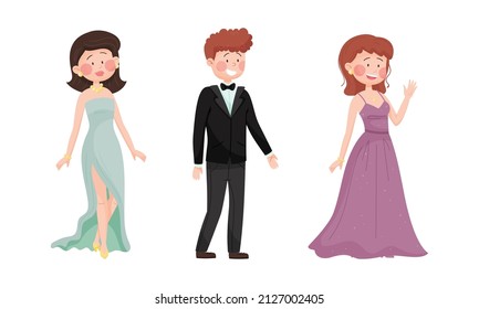 Young Man and Woman in Evening Dress and Dinner Jacket Waving Hand Vector Set