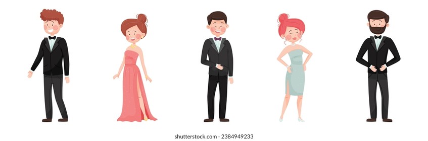 Young Man and Woman in Evening Dress and Dinner Jacket Vector Set