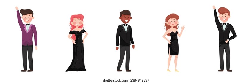 Young Man and Woman in Evening Dress and Dinner Jacket Vector Set