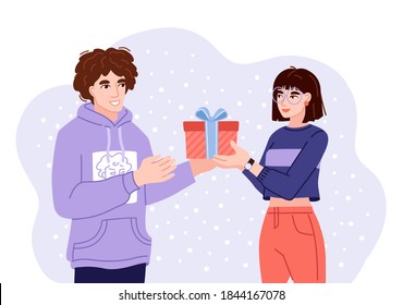 Young man and woman exchanging gifts. Friends presenting gifts and wish each other merry christmas. Flat hand-drawn characters. Vector illustration.