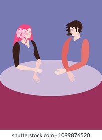 Young man and woman with expressive faces sit at a large round table and look at each other. Emptiness instead of body. A conceptual illustration in a flat style in vector. Psychology.