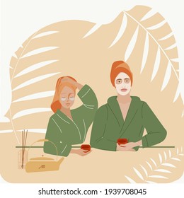 The young man and woman with the face mask enjoying their times. Spa center service vector illustrations. Beauty salon visitors character. Young couple wearing the bathrobe and drinking tea at nature.