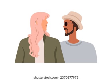 Young man and woman faces meeting, looking at each other in silence. Interracial biracial family couple. People relationship concept. Flat graphic vector illustration isolated on white background