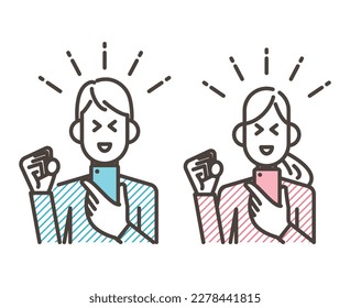 Young man and woman fist pumping with smiles while looking at their phones [Vector illustration].