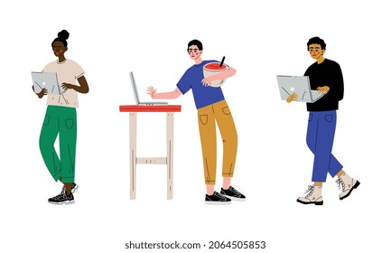 Young Man and Woman Freelancer with Laptop Standing Working from Home Vector Set