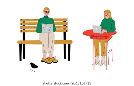 Young Man and Woman Freelancer with Laptop Sitting on Bench in the Park and at Table Working from Home Vector Set