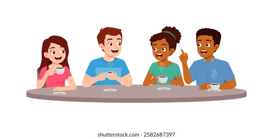 young man and young woman and friend drinking coffee and talking