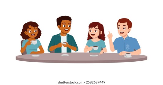 young man and young woman and friend drinking coffee and talking