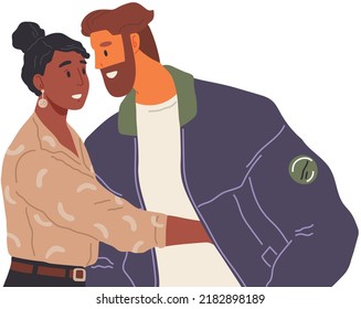 Young man and woman friends or couple meeting together, greeting each other, embracing. Happy multiethnic persons cartoon characters hugging. Friendship, relationship, acceptance isolated people