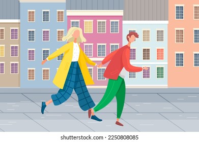 Young man and woman friends or couple meeting together, people walking down city street. Happy persons cartoon characters holding hands, having date in cityscape. Friendship, relationship, acceptance