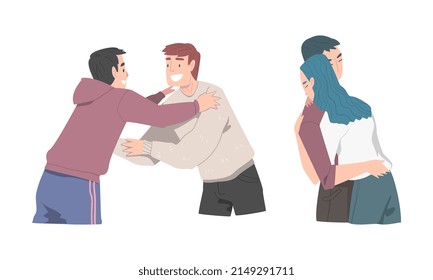 Young Man and Woman Friends Meeting Together Embracing and Greeting Each Other Vector Set