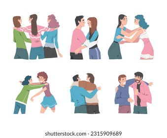 Young Man and Woman Friends Meeting Together Embracing and Greeting Each Other Vector Set