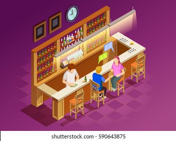 Young man and woman friends sitting at bar chatting drinking beer served by bartender isometric poster vector illustration