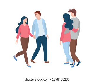 Young man and woman front and back view spending time together. Vector illustration isolated on white, merry lovers in flat style, happy couples