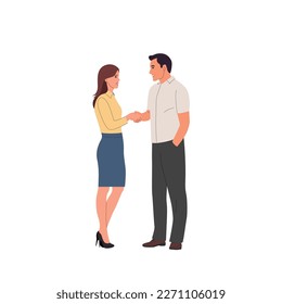 Young man and woman in full height shake hands.  Vector cartoon flat style illustration