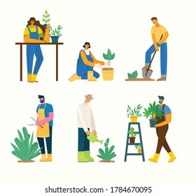 Young man and woman gardener holding a flower pot. Vector illustration in a modern flat style