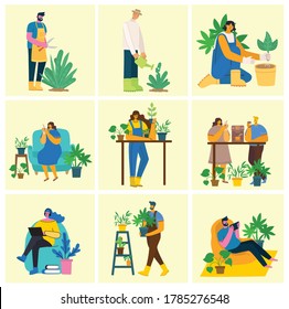 Young man and woman gardener holding a flower pot. Vector illustration in a modern flat style