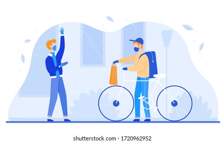 Young man woman gets food parcel from courier in masks and gloves on street near home. Safe delivery courier service during a Coronavirus COVID-19 novel concept flat vector illustration