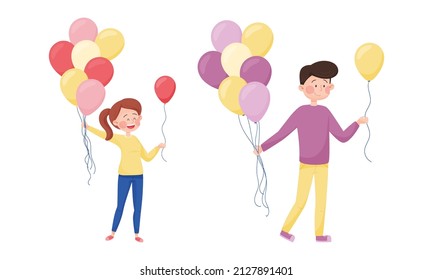 Young Man and Woman Giving Balloon in the Street Vector Set