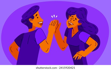 Young man and woman giving five each other, vector illustration of a happy friends or employees teammates clap each other hands displaying success.