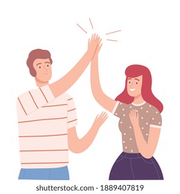 Young Man and Woman Giving High Five to Each Other Vector Illustration