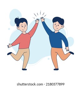 Young man and woman giving high-five and smiling. Flat design. Hand drawn people.