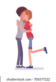Young man and woman giving a hug. Standard way of greeting, harmony, love and intimacy between. Social communication concept. Vector flat style cartoon illustration, isolated, white background