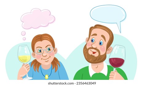 Young man and woman with glasses of wine in their hands. Picture with speech bubbles in cartoon style. Place for your text. Isolated on white background. Vector flat illustration.