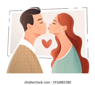 Young man and woman are going to kiss. Couple of lovers. Cartoon characters. Flat Design. 