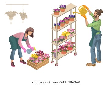 Un hombre joven y una mujer de un trabajador del invernadero se encargan de las plantas. Un hombre arroja flores de una lata de agua. Una niña rocia una planta con una botella de aerosol. Gente isométrica. Vector 3D de la tienda de flores.