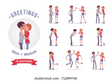 Young man and woman greeting ready-to-use character set. Various poses, emotions, standing, fist bump, hug. Full length, front, rear view isolated, white background. Social communication concept