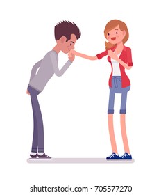 Young man and woman hand kiss. Marriage proposal ideas, asking to marry gesture. Social communication concept. Vector flat style cartoon illustration, isolated, white background