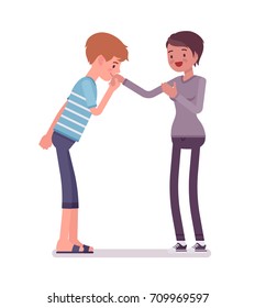 Young man and woman hand kiss gesture. Courtesy, politeness, respect, admiration gesture. Friendship and social life concept. Vector flat style cartoon illustration, isolated, white background