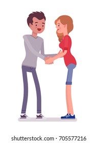 Young man, woman handshaking with both hands. Conversational skills, smiling, and being nice to people. Social communication concept. Vector flat style cartoon illustration, isolated, white background