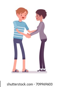 Young man, woman handshaking with both hands. Have a good relationship, get along well with people. Friendship, social life concept. Vector flat style cartoon illustration, isolated, white background