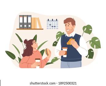 Young man woman have a business lunch time at office. Flat people dining, having a coffee break together concept. Smiling characters eating meal sandwich croissant coffee. Cartoon vector illustration