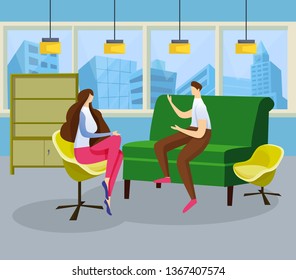 Young Man and Woman Have Warm Conversation in Relaxed Atmosphere in Cozy Apartments with Huge Window and View on Skyscrapers. Meeting of Friends or Married Couple. Cartoon Flat Vector Illustration.
