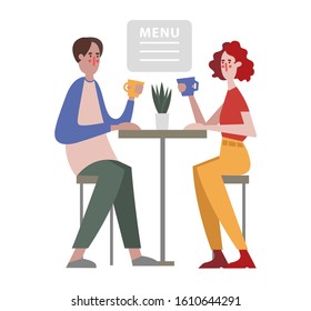 young man and woman having coffee in the cafe during coffee break or middle of date. Vector coffee shop customers. 