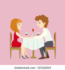 Young man and woman having dinner together in restaurant. Vector illustration of a young couple in love