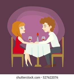 Young man and woman having dinner together in restaurant. Vector illustration of a young couple in love