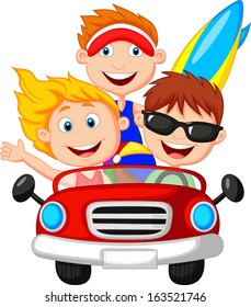 Young man and woman having fun driving their car on a road trip