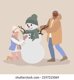 Young man and woman having fun making snowman. Man and woman wintertime activities. Vector illustration