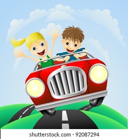 Young man and woman having fun driving their car on a road trip.